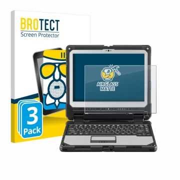 Front side of a product packaging with the brand logo BROTECT. Next to it is the device Panasonic Toughbook CF-33 shown with t