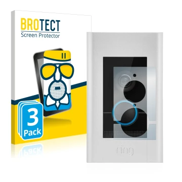 Front side of a product packaging with the brand logo BROTECT. Next to it is the device Ring Video Doorbell Elite shown with t