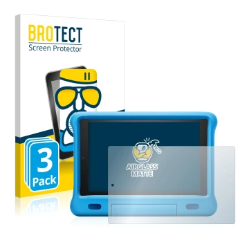 Front side of a product packaging with the brand logo BROTECT. Next to it is the device Amazon Fire HD 10 Kids 2019 (9th Gen.)