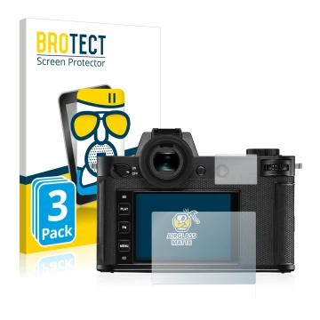 Front side of a product packaging with the brand logo BROTECT. Next to it is the device Leica SL2 shown with the corresponding