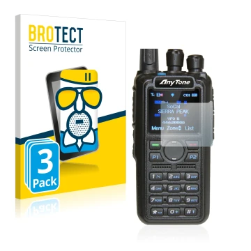 Front side of a product packaging with the brand logo BROTECT. Next to it is the device AnyTone AT-D878UV shown with the corre