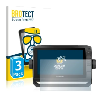 Front side of a product packaging with the brand logo BROTECT. Next to it is the device Garmin ECHOMAP UHD 92sv shown with the