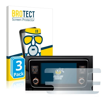 Front side of a product packaging with the brand logo BROTECT. Next to it is the device Nissan Leaf E Plus Infotainment System