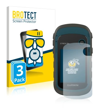 Front side of a product packaging with the brand logo BROTECT. Next to it is the device Garmin eTrex 22x shown with the corres