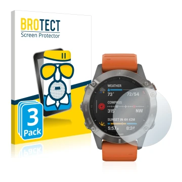 Front side of a product packaging with the brand logo BROTECT. Next to it is the device Garmin Fenix 6 shown with the correspo