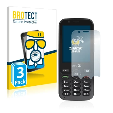 Front side of a product packaging with the brand logo BROTECT. Next to it is the device Doro 7010 shown with the corresponding