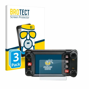 Front side of a product packaging with the brand logo BROTECT. Next to it is the device Yaesu FTM-400XDR shown with the corres