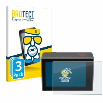 Front side of a product packaging with the brand logo BROTECT. Next to it is the device Akaso V50 Elite shown with the corresp