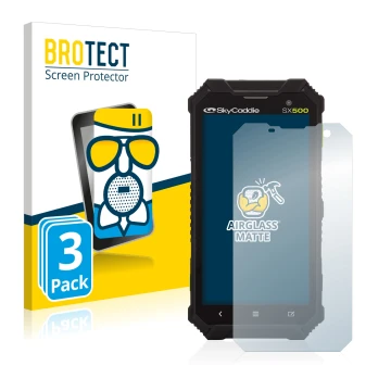 Front side of a product packaging with the brand logo BROTECT. Next to it is the device SkyCaddie SX500 shown with the corresp