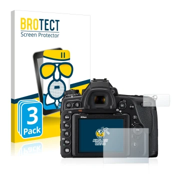 Front side of a product packaging with the brand logo BROTECT. Next to it is the device Nikon D780 shown with the correspondin