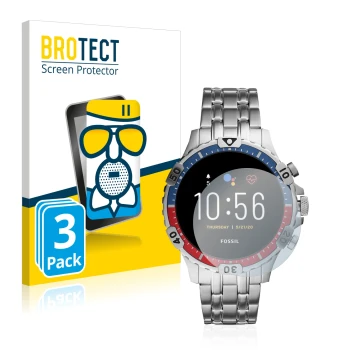 Front side of a product packaging with the brand logo BROTECT. Next to it is the device Fossil Garrett HR (5. Gen) shown with 