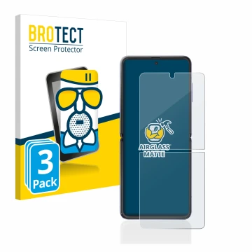 Front side of a product packaging with the brand logo BROTECT. Next to it is the device Samsung Galaxy Z Flip shown with the c