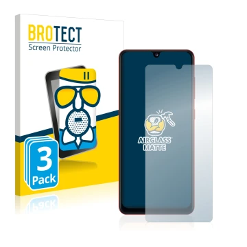 Front side of a product packaging with the brand logo BROTECT. Next to it is the device Samsung Galaxy A31 shown with the corr