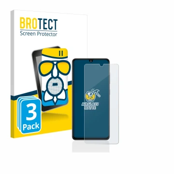 Front side of a product packaging with the brand logo BROTECT. Next to it is the device Samsung Galaxy A41 shown with the corr