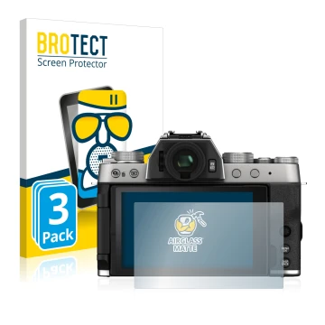 Front side of a product packaging with the brand logo BROTECT. Next to it is the device Fujifilm X-T200 shown with the corresp