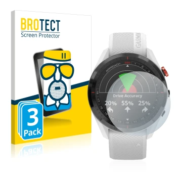 Front side of a product packaging with the brand logo BROTECT. Next to it is the device Garmin Approach S62 shown with the cor
