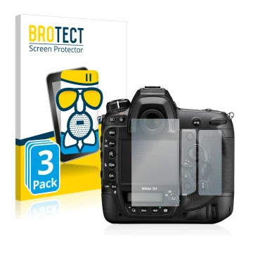 Front side of a product packaging with the brand logo BROTECT. Next to it is the device Nikon D6 shown with the corresponding 