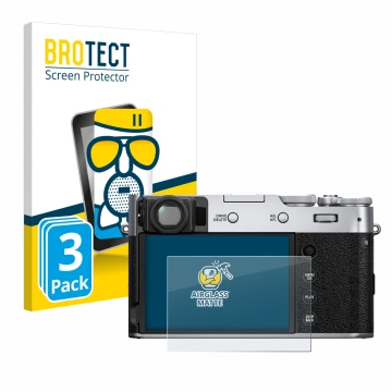 Front side of a product packaging with the brand logo BROTECT. Next to it is the device Fujifilm X100V shown with the correspo