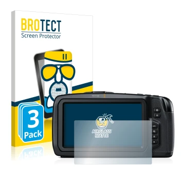 Front side of a product packaging with the brand logo BROTECT. Next to it is the device Blackmagic Pocket Cinema Camera 6K sho