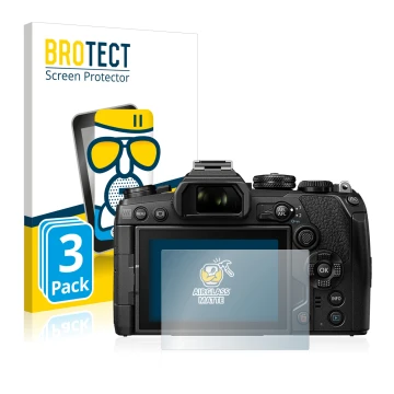 Front side of a product packaging with the brand logo BROTECT. Next to it is the device Olympus OM-D E-M1 Mark III shown with 