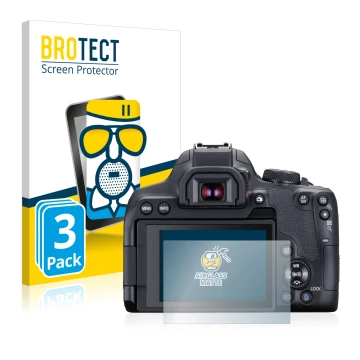 Front side of a product packaging with the brand logo BROTECT. Next to it is the device Canon EOS 850D shown with the correspo