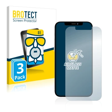 Front side of a product packaging with the brand logo BROTECT. Next to it is the device Apple iPhone 12 Pro Max shown with the
