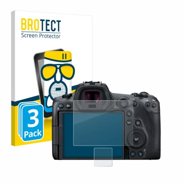 Front side of a product packaging with the brand logo BROTECT. Next to it is the device Canon EOS R5 shown with the correspond