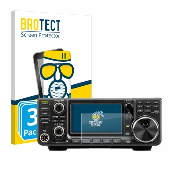 Front side of a product packaging with the brand logo BROTECT. Next to it is the device Icom IC-9700 shown with the correspond