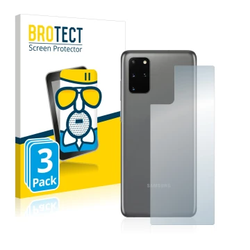 Front side of a product packaging with the brand logo BROTECT. Next to it is the device Samsung Galaxy S20 Plus 5G (Back) show