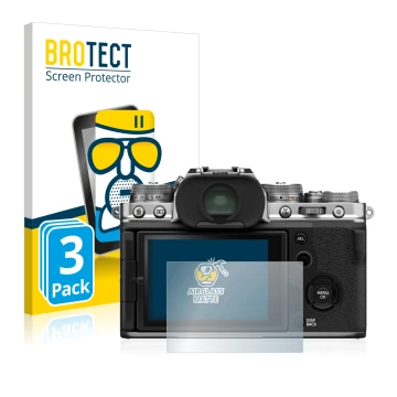 Front side of a product packaging with the brand logo BROTECT. Next to it is the device Fujifilm X-T4 shown with the correspon