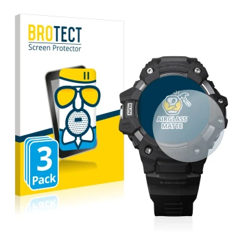 Front side of a product packaging with the brand logo BROTECT. Next to it is the device Casio G-Shock GBD-H1000 shown with the