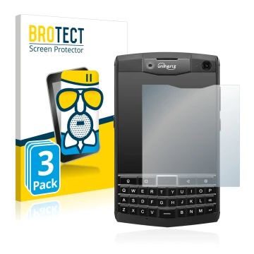 Front side of a product packaging with the brand logo BROTECT. Next to it is the device Unihertz Titan shown with the correspo
