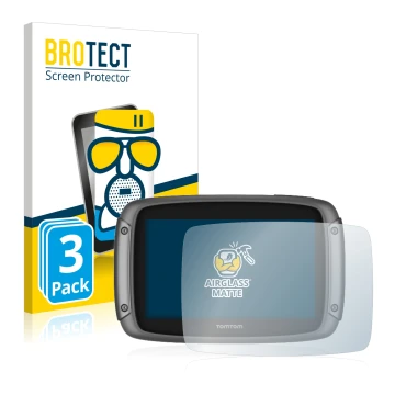 Front side of a product packaging with the brand logo BROTECT. Next to it is the device TomTom Rider 50 shown with the corresp