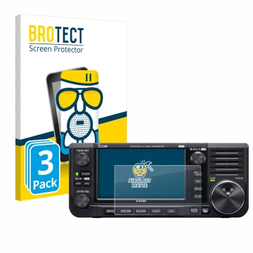 Front side of a product packaging with the brand logo BROTECT. Next to it is the device Icom IC-705 shown with the correspondi