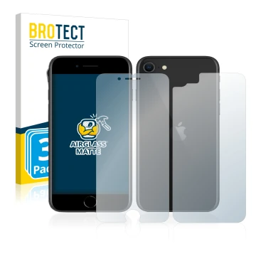 Front side of a product packaging with the brand logo BROTECT. Next to it is the device Apple iPhone SE 2 2020 (Front+Back) sh