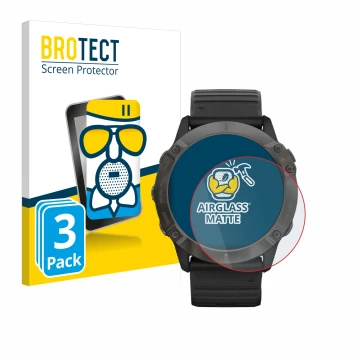Front side of a product packaging with the brand logo BROTECT. Next to it is the device Garmin Fenix 6X Pro Solar shown with t
