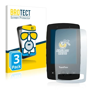 Front side of a product packaging with the brand logo BROTECT. Next to it is the device TwoNav Aventura 2 shown with the corre