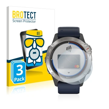 Front side of a product packaging with the brand logo BROTECT. Next to it is the device Garmin quatix 6 shown with the corresp