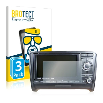 Front side of a product packaging with the brand logo BROTECT. Next to it is the device Audi A3 8P 2004-2012 RNS-E shown with 
