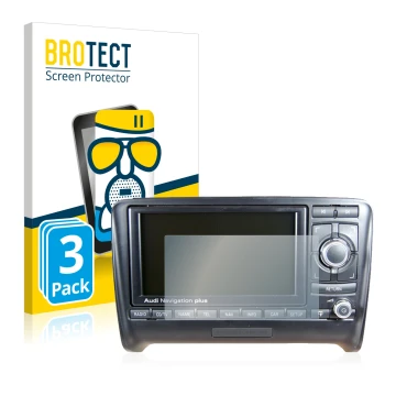 Front side of a product packaging with the brand logo BROTECT. Next to it is the device Audi TT 8J 2006-2014 RNS-E shown with 