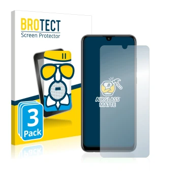 Front side of a product packaging with the brand logo BROTECT. Next to it is the device Huawei P smart 2020 shown with the cor