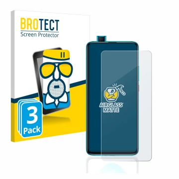 Front side of a product packaging with the brand logo BROTECT. Next to it is the device Xiaomi Poco F2 Pro shown with the corr