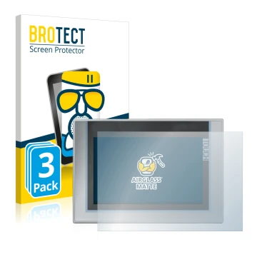 Front side of a product packaging with the brand logo BROTECT. Next to it is the device Siemens Simatic TP1200 Comfort shown w