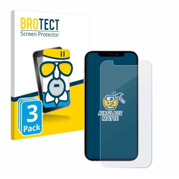 Front side of a product packaging with the brand logo BROTECT. Next to it is the device Apple iPhone 12 shown with the corresp