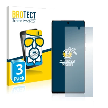 Front side of a product packaging with the brand logo BROTECT. Next to it is the device Samsung Galaxy Note 20 shown with the 