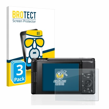 Front side of a product packaging with the brand logo BROTECT. Next to it is the device Sony ZV-1 shown with the corresponding