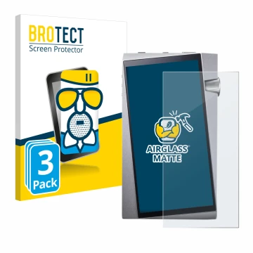 Front side of a product packaging with the brand logo BROTECT. Next to it is the device Astell&Kern A&norma SR25 shown with th