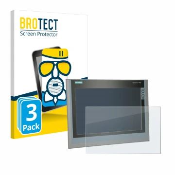 Front side of a product packaging with the brand logo BROTECT. Next to it is the device Siemens Simatic HMI TP 1500 Comfort sh