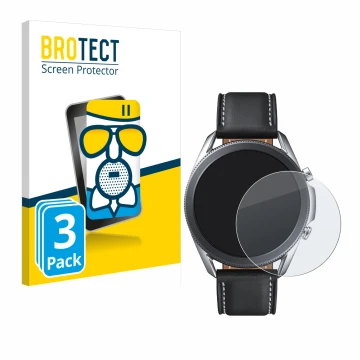 Front side of a product packaging with the brand logo BROTECT. Next to it is the device Samsung Galaxy Watch 3 (45mm) shown wi