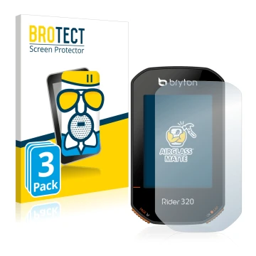 Front side of a product packaging with the brand logo BROTECT. Next to it is the device Bryton Rider 320 shown with the corres
